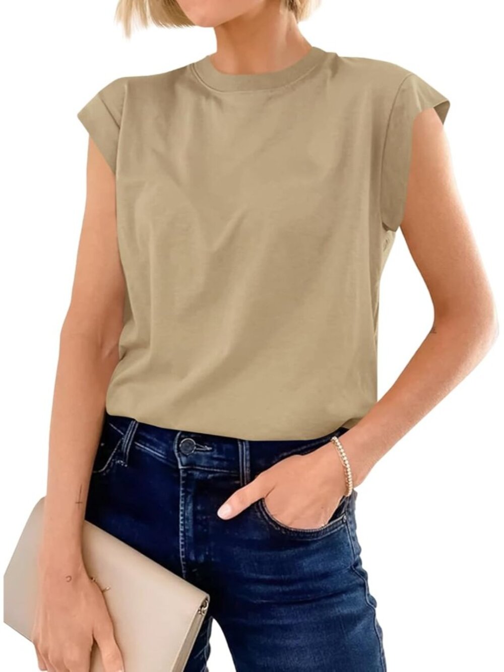 Women's Khaki Short Sleeve Crew Neck Basic Tee Loose Fit Cotton T Shirts